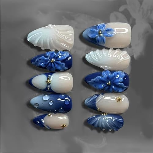 24Pcs Retro Artificial Nails with Blue Lilies Bubble Stripe Pearls Design ABS Fashion Ready for Women Parties False Nails
