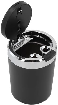 URPIZY Portable Car Ash Tray with LED Illumination, Portable Ashtray with Lid Smell Proof, Smokeless Aluminum Cup Holder with Lid, Elegant Auto Interior Accessory, Black(Slivery)