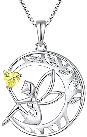 FJ Damhalsband skyddsängel halsband 925 sterlingsilver hänge livsträd månhalsband med födelsesten kubisk zirkonia smycken gåvor till dam flicka, Taille du pendentif: 21 * 20 mm, Ädelsten, Citrin