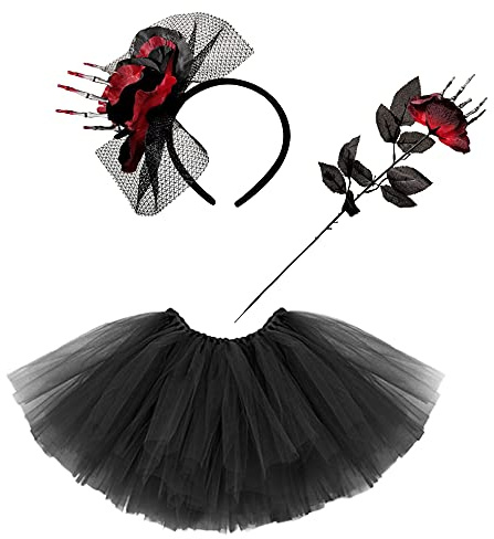 Carnavalife Gonna tutù da donna, fascia per capelli, cappello di Halloween, costume per cosplay fantasma strega teschio (rosa rossa)