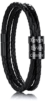 OTXIXTO Personalizado 3 Nombres Pulseras Identificación Personalizada para Mujeres Hombres Cuero Genuino Perlas de Acero Inoxidable Brazalete Trenzado Dama de Honor Regalos Mejor Amigo(Negro Perlas