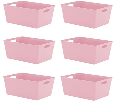 simpa 11L 11 Litre Plastic Storage Basket Studio Organiser Trays with Handles - Pastel Pink, Set of 6 Trays - 15.5cm (H) x 35cm (L) x 25cm (W)