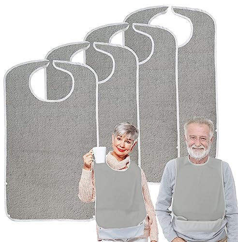 Pozico Waterproof Adult Bibs for Elderly Women & Men – 4 Pack Large Clothing Protector for Eating – Comfortable & Adjustable Hook and Loop Closure with Crumb Catcher – Washable & Durable Design