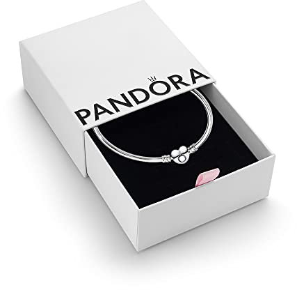 PANDORA Moments Women's Sterling Silver Heart Clasp Bangle Bracelet for Charms, Size 15, With Gift Box