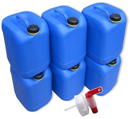 kanister-vertrieb® 6er Set: 20 L Kanister Wasserkanister blau inkl. 1 x Auslaufhahn+ Etiketten