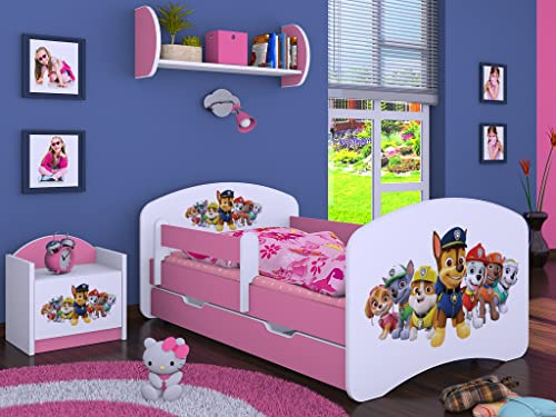 BDW Kinderbett Super Hunde - Babybett mit Matratze und Schublade - Bequem und Langlebig Rausfallschutz Bett - Kinderzimmer - Rosa (Motiv 3) - 190x90
