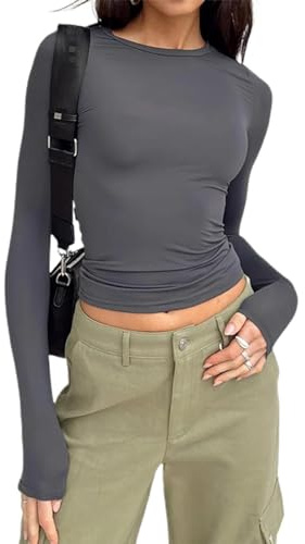 QINFEN YUNDOU Y2k Top Corto Manica Lunga Aderente Crop Top Tinta Unita Basic Trasparente T-Shirt (M, Grigio)
