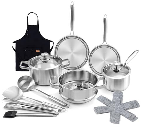 Edelstahl Töpfe und Pfannen Set, 16-Teilige Edelstahl Topfsets mit Dampfgarer und Glasdeckeln, Kochgeschirrset kompatibel mit allen Herden