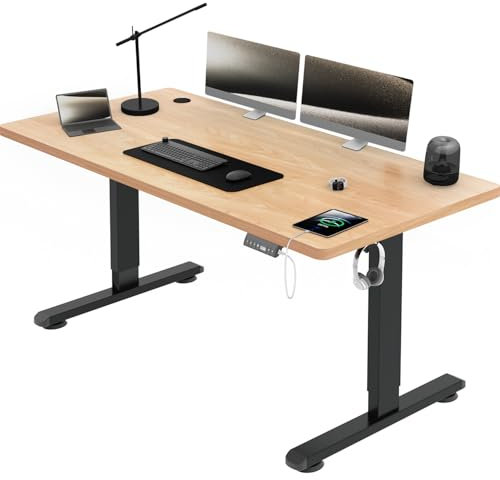 Airfish Höhenverstellbarer Schreibtisch mit USB-Buchse, Elektrisch Schreibtisch mit Kabelwanne, Computertisch, Bürotisch, Stehpult mit Erinnerung an sitzende Tätigkeiten, 140x70 cm, Beige