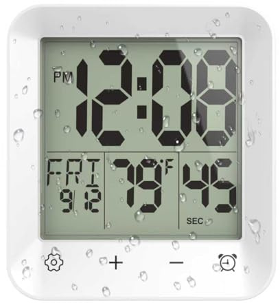 USAOSHOP Shower Clock Waterproof Bathroom Timer, Digital Wall Clock with Touch Screen, Temperature, Calendar, Suction Cup Hanging Hole Stand for Kitchen Spa Cook Bath
