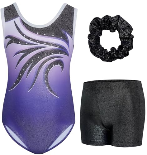 Gogokids - Set di tuta da ginnastica senza maniche per ragazze, in tre pezzi con pantaloncini e fascia per capelli, Outfit da ginnastica per bambini con scavature e design incrociato, tuta da balletto