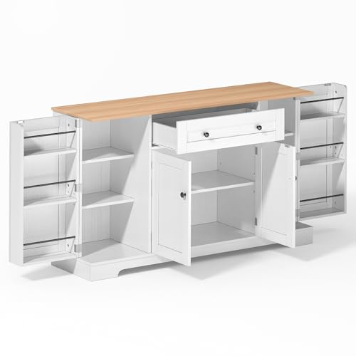 Armario de cocina, aparador de cocina multifuncional de 138 cm, aparador con cajón, puertas de estantería y estantes ajustables, diseño moderno con protección antivuelco, para cocina, salón y