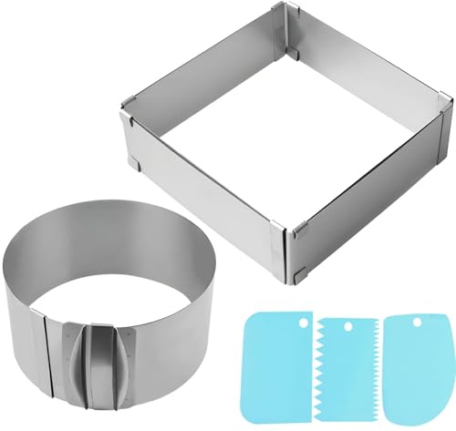 Juego de moldes para tartas de 6 a 12 pulgadas, anillos redondos y cuadrados ajustables con raspadores de plástico, marcos de acero inoxidable para hornear con marcas