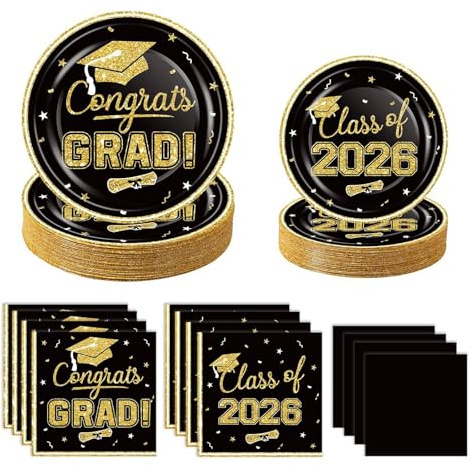 2026 Graduation Party Tableware Set, 200Pcs Black Gold Class of 2026 Graduation Party Plates and Napkins Disposable Tableware for School Congrats Party Supplies