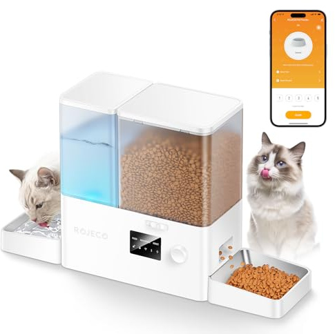 ROJECO Mangiatoia Automatica WiFi e Fontana d'Acqua 2-in-1 Rojeco, 8.5L/36 Tazze con Ciotole in Acciaio Inox, Distributore di Cibo 5L e Abbeveratoio 3.5L con Controllo APP per Gatti e Cani