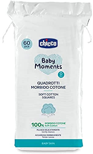 Chicco Baby Moments Quadrotti Morbido Cotone, Pulisce Delicatamente e Accarezza Morbidamente, Baby Skin, Bianco, 60 Pezzi, 0+ Mesi