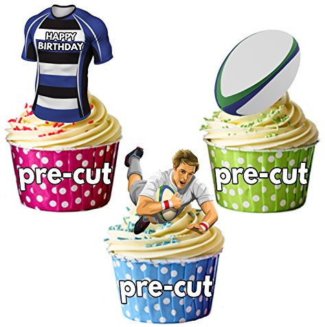 AK Giftshop PRECUT Happy Birthday Rugby Party Pack - Edible Cupcake Toppers/Cake Decorations Bath Colours (Pack of 12)