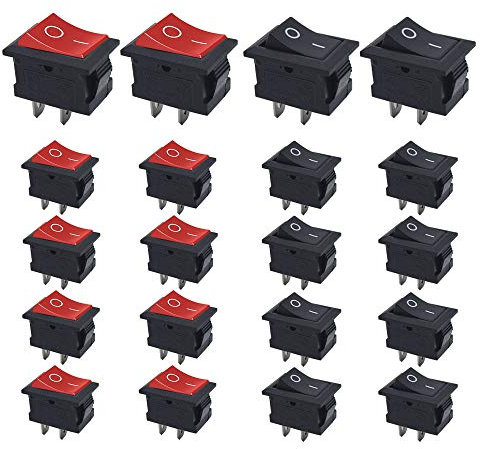 Senven 20Pcs Interrupteur à bascule, interrupteur à bascule mini AC, 2 broches 6A / 250V, 10A / 125V ON/OFF, pour automobile, marine, interrupteurs électroniques domestiques (rouge+10 noir+10)