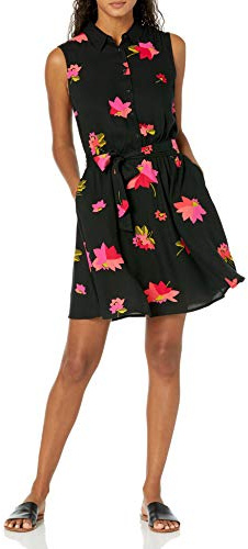 Amazon Essentials Robe Chemise en Tissu sans Manches pour Femme, Coupe décontractée, Motif Fleurs Noires et Roses, Taille M