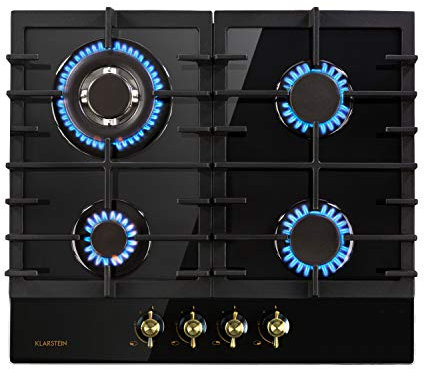 KLARSTEIN Victoria - Plaque de cuisson gaz 4 feux, pose libre, 60 cm, encastrable, brûleur Sabaf, gaz naturel/propane, soupapes de sécurité, arrêt automatique, croix en fonte - noir