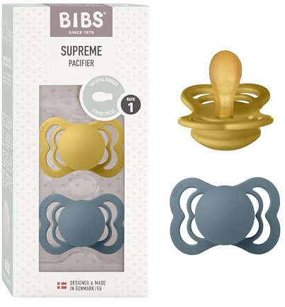 BIBS Supreme Soother 2-Pack, BPA Free Dummy Pacifier, Symmetrical Nipple. Natural Rubber Latex, Size 1 (0-6 Months), Mustard/Petrol