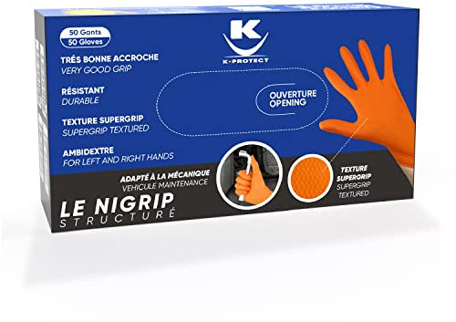 KELI FRANCE K•PROTECT - Gants Nitrile Orange NIGRIP Non Poudré, Sans Latex, Boîte 50 pièces Ultra-Résistantes, SuperGrip Texture Diamant, Épaisseur Renforcée, Usages Multiples (Large)