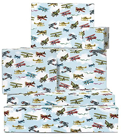 Papel de regalo para niños, 6 hojas de papel de regalo y etiquetas, avión vintage, envoltura de regalo para él, envoltura de regalo de cumpleaños para hombres - por Central 23