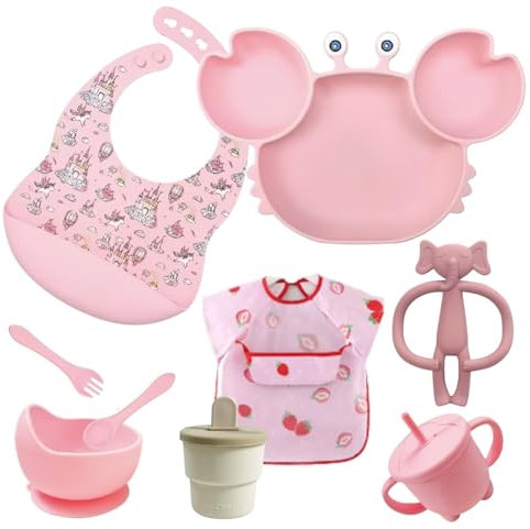 ASENME Stoviglie per bambini in silicone da 9 pezzi Stoviglie (Rosa)