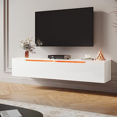 SIRHONA Meuble TV LED Blanc Laqué éclairage LED avec 16 Couleurs Ajustables, Plateau TV Haute Brillance, sur Pied ou Suspendu, pour Le Salon ou La Chambre à Coucher