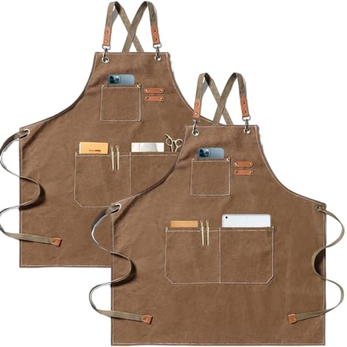 Kitchen Apron Canvas (2 Pack), Chef Apron Cross Back Adjustable Apron with 3 Pockets Professional Tool Work Apron Waterproof Barbecue BBQ Apron for Men Women, Cooking Painting Gardener (Brown)