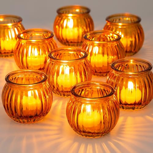 NUPTIO Teelichthalter Teelichtgläser Kürbis Glas - 12 Stück Bernstein Votivkerzenhalter Weihnachten Teelicht Gläser Vintage Bulk Kleine Teelichtglas Gerippt Hochzeit Tischdekoration Wohnzimmer