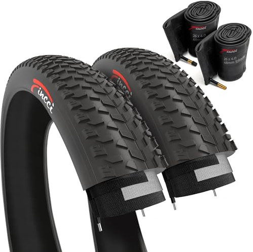 Fincci Fat Bike Tyres 26 x 4.0 Inch - Pair Bicycle Tyres 100-559 with 2x Inner Tubes 48mm Schrader Valve for Electric & Mountain Bikes, Suitable for Off-Road, Dirt, Snow and Cross-Country
