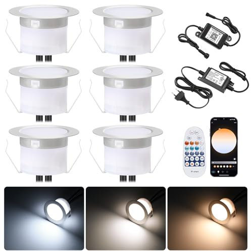 6er WIFI Smart Dimmbar 3000k-6000k Einbaustrahler 1W Bodeneinbauleuchten Arbeitet mit Alexa, Google Home, Ø45mm IP67 Wasserdicht LED Einbaustrahler Außen, timing function,mit Fernbedienung