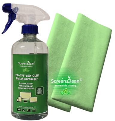 ROGGE Screen Clean 500ml Bildschirmreiniger 100% Recycling Flasche R-PET für LCD/TFT/LED/OLED-TV inkl. 2X Vileda Professional Microfasertuch QuickStar Micro 38x40cm, grün