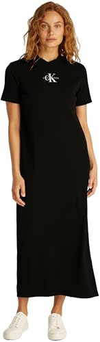 Calvin Klein Donna Abito a T-Shirt Monologo Long Rib Tee con Scollo Rotondo, Nero (CK Black), XS