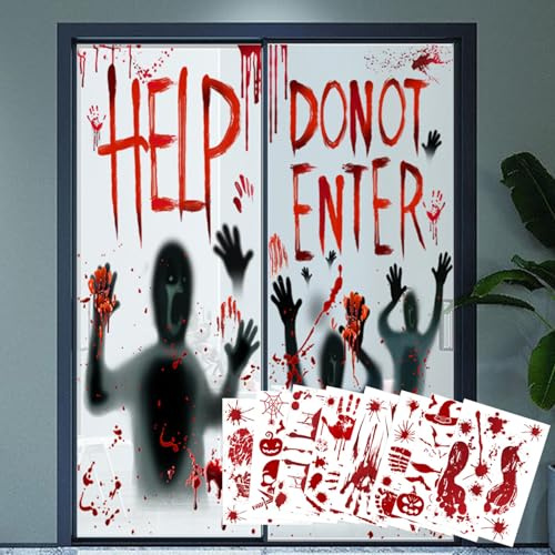 10 st halloween dekoration skräck, jätte blodiga klistermärken affisch dekoration, 2 x halloween silhuetter blodiga fönster och 8 x handavtryck fotavtryck, för halloween fest fönster spökhus