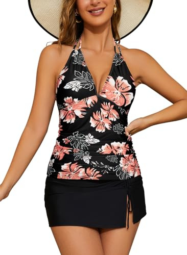 SHEKINI Costume da bagno da donna, in stile tankini, con controllo addominale, top e gonna, costume a 2 pezzi, rosa a fiori, L