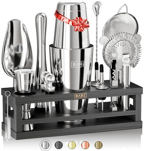BARE BARREL Kit per la preparazione di cocktail, kit da barista da 16 pezzi, shaker per cocktail, espositore in bambù e 35 biglietti di ricette, set regalo per cocktail mixology (shaker Boston da 800
