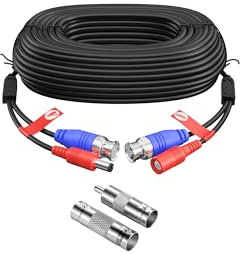 ZOSI 18m Câble Coxial BNC Connecteur Rallonge Extension pour Kit Caméra de Surveillance avec Fil, PVC Couverture Etanche, Transmission Vidéo et Alimentation