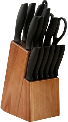 Set coltelli da cucina con ceppo in legno 15 pezzi (affilacoltelli e forbici incluso). Set coltelli da cucina professionali con ceppo coltelli elegante. Ceppo con coltelli da cucina. (Acacia)