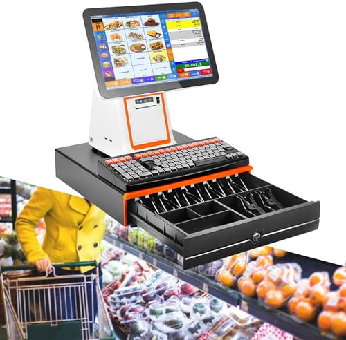 QFGain Pos-TerminalgeräT FüR Einzelhandel Und Gastronomie FüR Kleinunternehmen, Kassensystem, 15,6-Zoll-Touchscreen, Elektronische Registrierkasse, Integrierter Belegdrucker, Einstellbarer,White-B