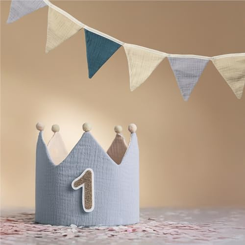 Little Goods Geburtstagskrone für Kinder inkl. Wimpelkette/Girlande - wendbare Musselin-Stoffkrone mit Zahlen 0-9 - Krone für Jungen und Mädchen, Pastell - Blau - Beige