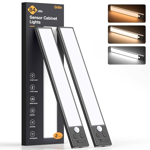 Gritin Schrankbeleuchtung Unterbauleuchte Küche LED Bewegungsmelder -84 LEDs Superhell Küche Licht Aufladbar,3 Farbe&5 Helligkeit,4 Modi,Einfach Montage Stark Magnet Schranklicht, 2 Stück-Schwarz