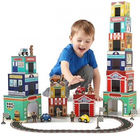 Youuys 3-in-1 Sorting and Stacking Toys for Toddlers 1-3 with Building Blocks, Wooden Community Helpers, Montessori Nesting Boxes for Preschool Learning Stocking Stuffers for Boys Girls