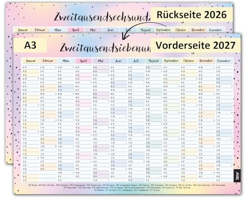 Timr väggkalender 2026 inkl. 2027 färgglatt motiv - DIN A3 kalender 12 månader dubbelsidig I tr398