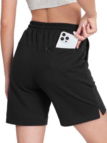 Monbessi Running Shorts Womens with 3 Big Pockets Cotton High Waist Sports Shorts Ladies Gym-Shorts for Casual Lounge Jogging Workout Hiking(XL, Black)