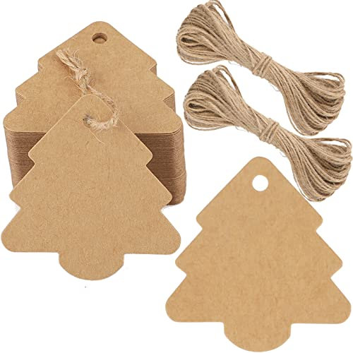G2PLUS Weihnachtsbaum Geform Geschenkanhänger - 100 Stück Weihnachten Etiketten Tags - 6x6 CM Papier Hängeetiketten mit Schnur zum Adventskalender und Weihnachtsgeschenke verziert