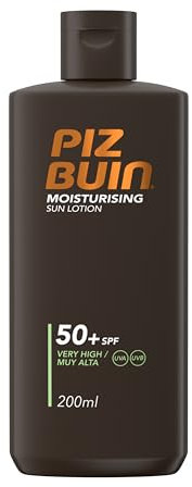 PIZ BUIN Moisturising Latte Solare SPF 50+, Crema solare 50+ idratante, Protezione solare 50+ con filtro solare UVA/UVB e Glicerina, Latte solare SPF 50+ resistente all'acqua e al sudore, 200 ml