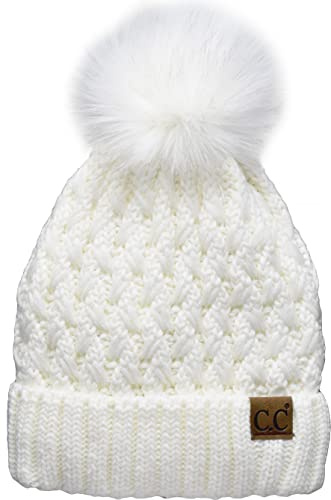 C.C Beanie Women’s Thick Cable Knit Faux Fuzzy Fur Pom Lattice Crossover Fuzzy Lined Skull Cap Cuff Beanie, Ivory - Off White Pom