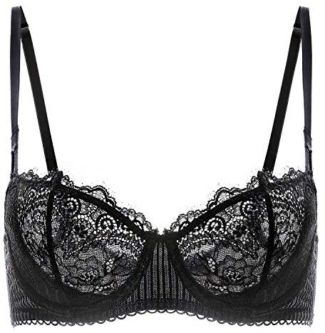 DOBREVA Women's Lace Balconette Bra Half Cup Non Padded Push Up Underwire Sheer Bras Black 34F
